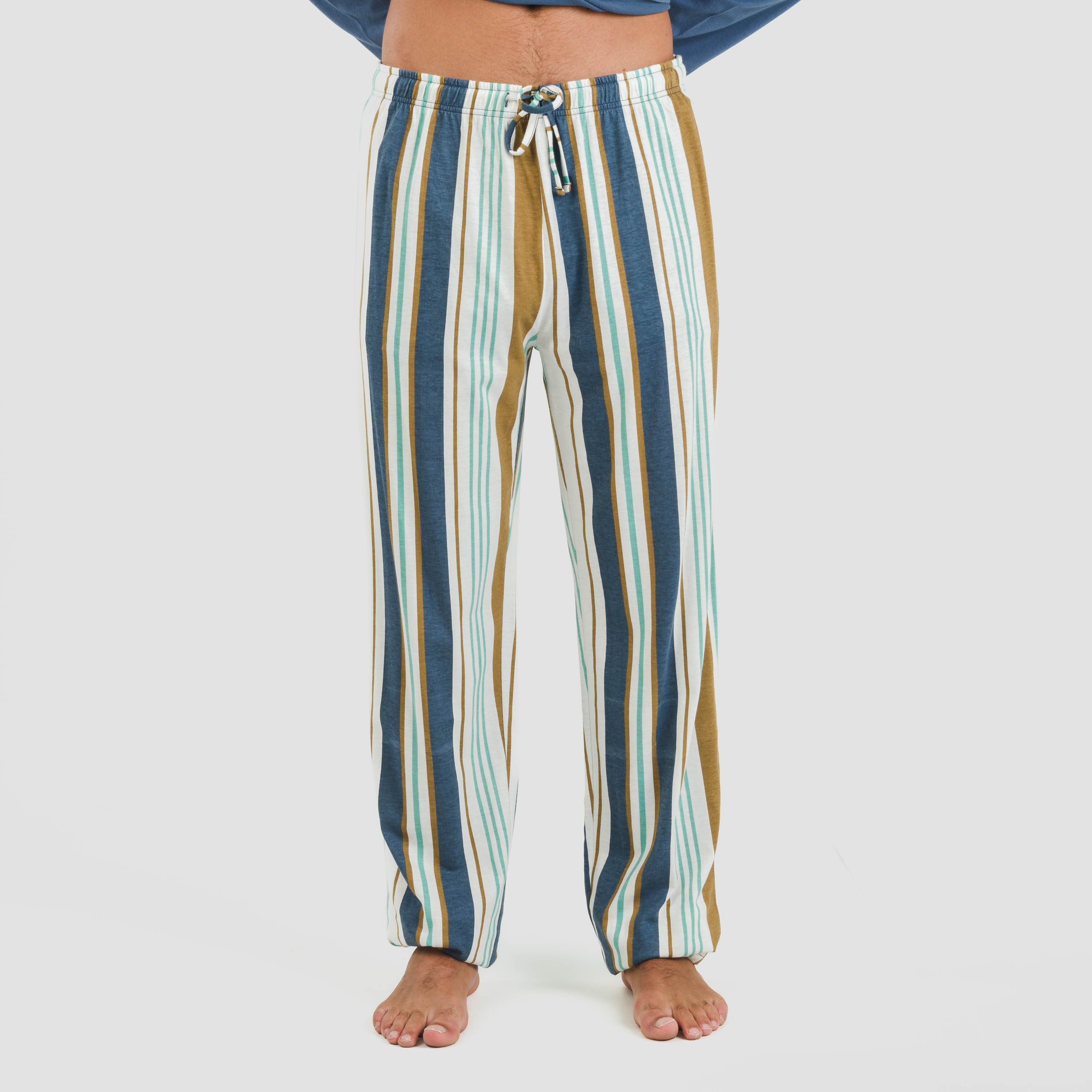 Pijama comprido masculino de algodão com gorro listrado azul