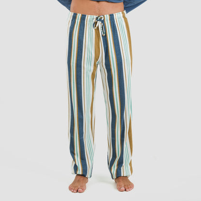 Pijama comprido masculino de algodão com gorro listrado azul