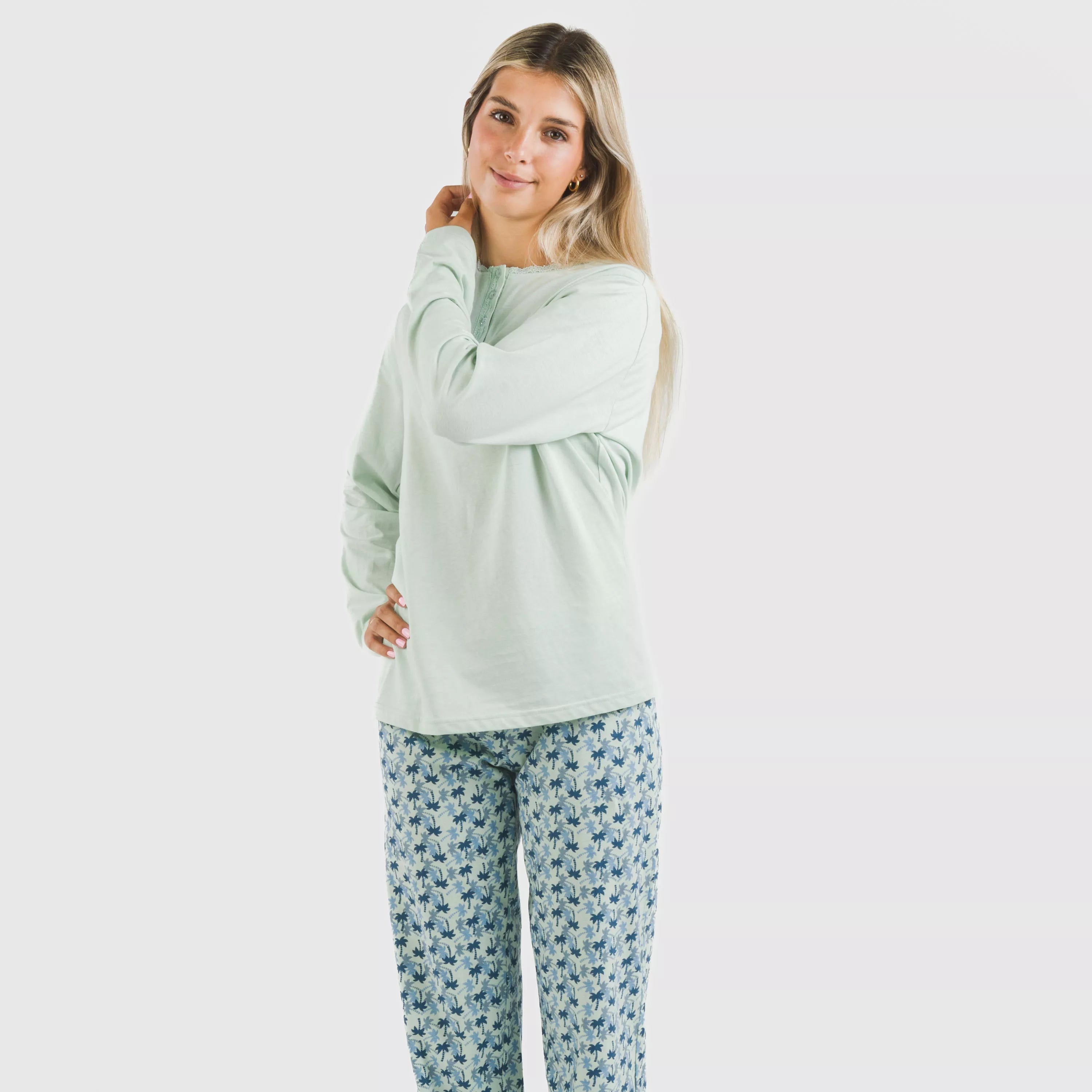 Pijama longo de algodão Gaia, verde Tiffany