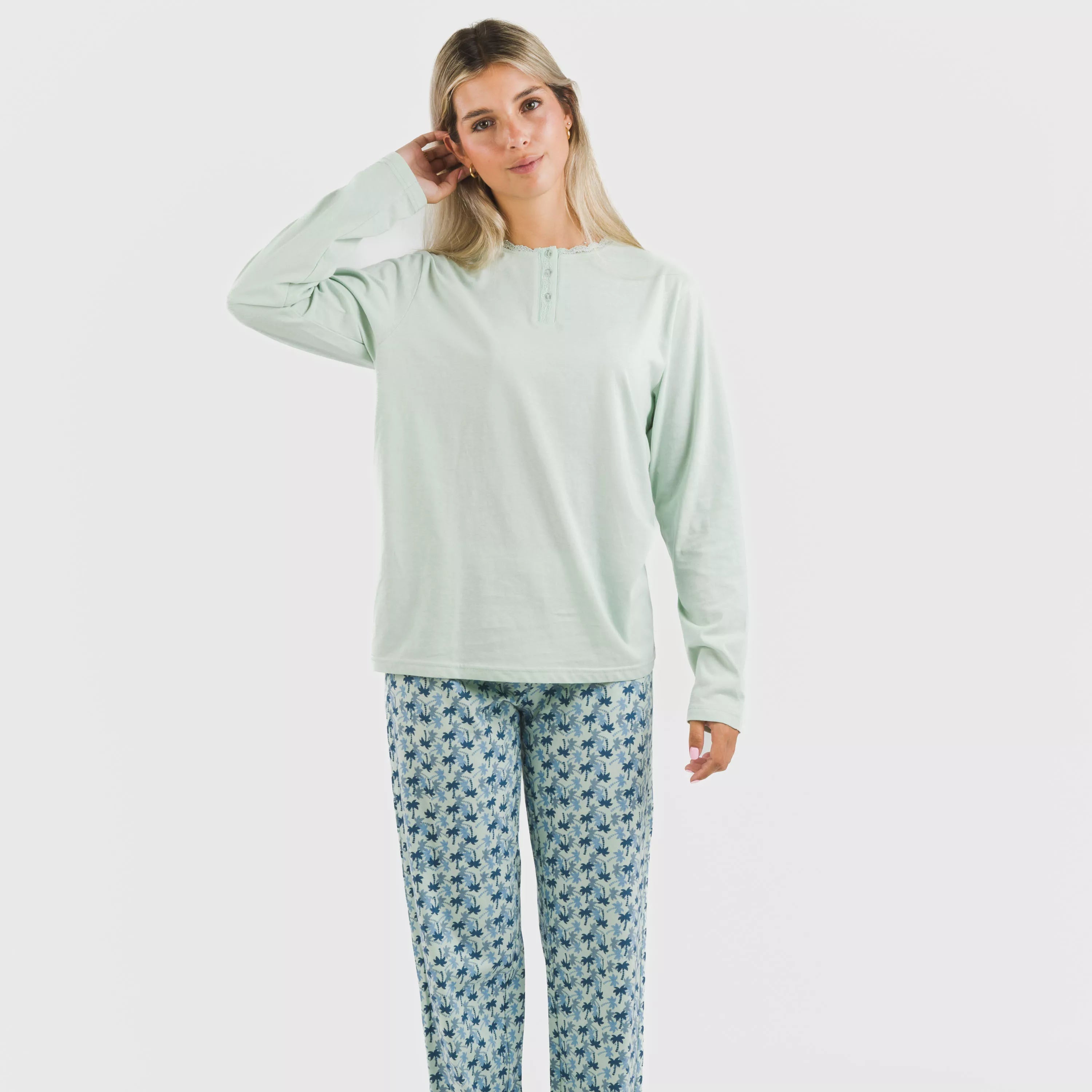Pijama longo de algodão Gaia, verde Tiffany