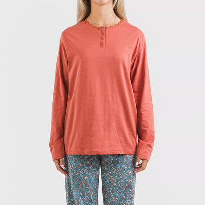 Pijama comprido de algodão, estampa de azulejos campestres