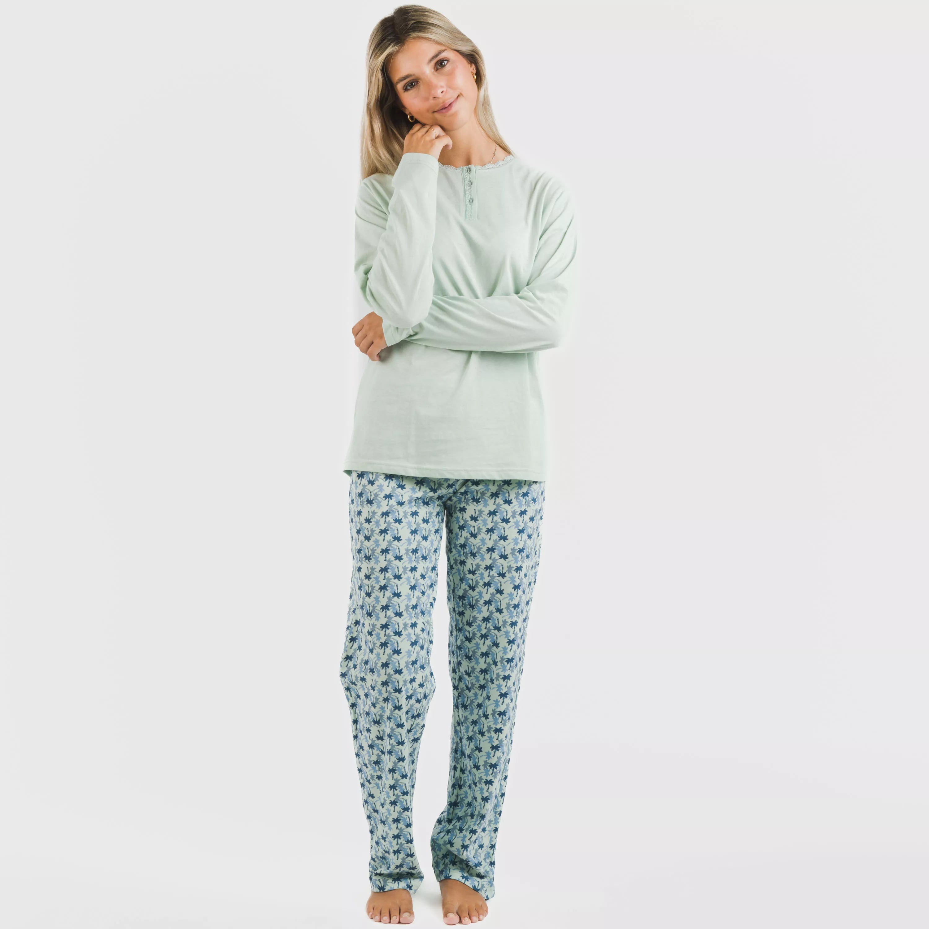Pijama longo de algodão Gaia, verde Tiffany