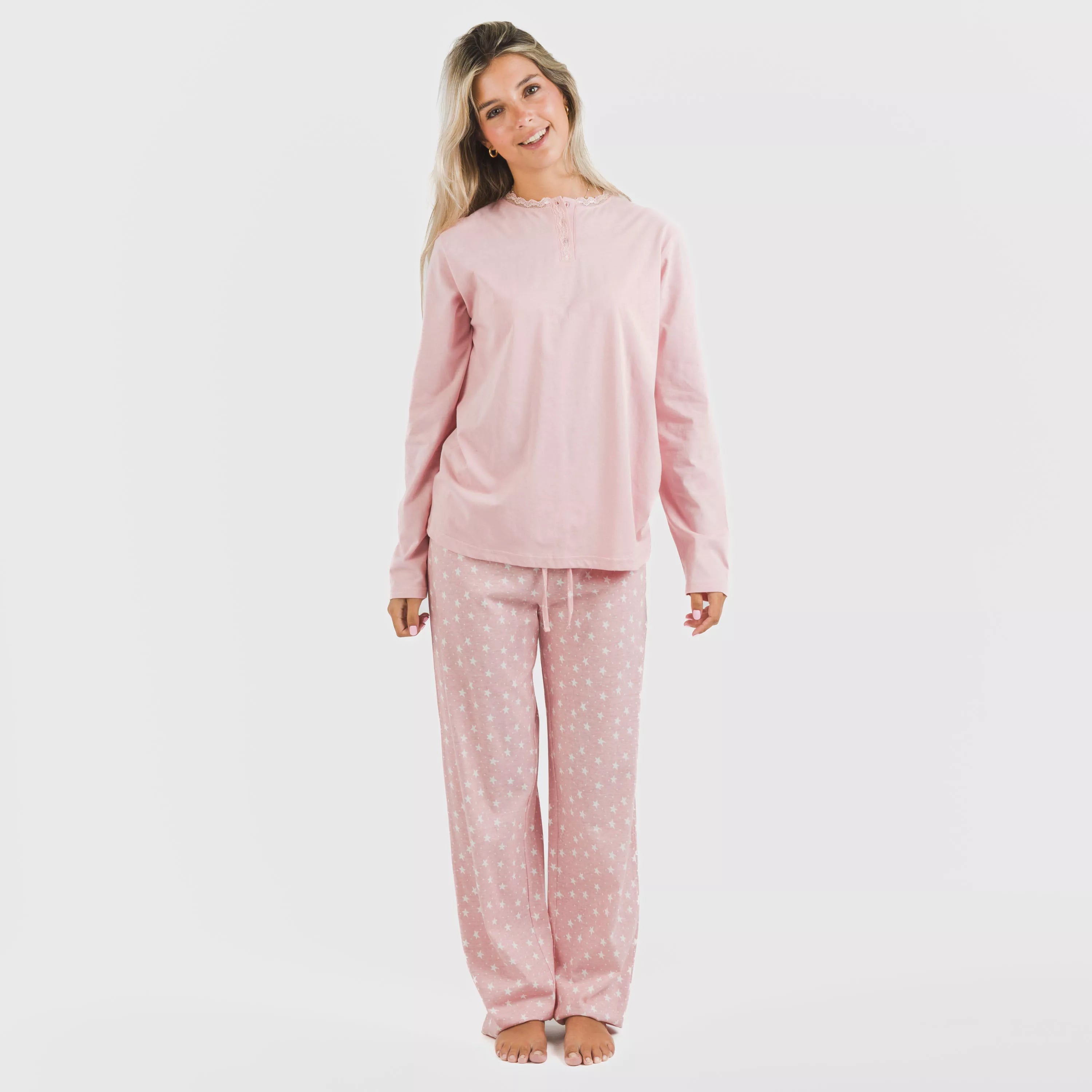 Kim pijama comprido de algodão rosa