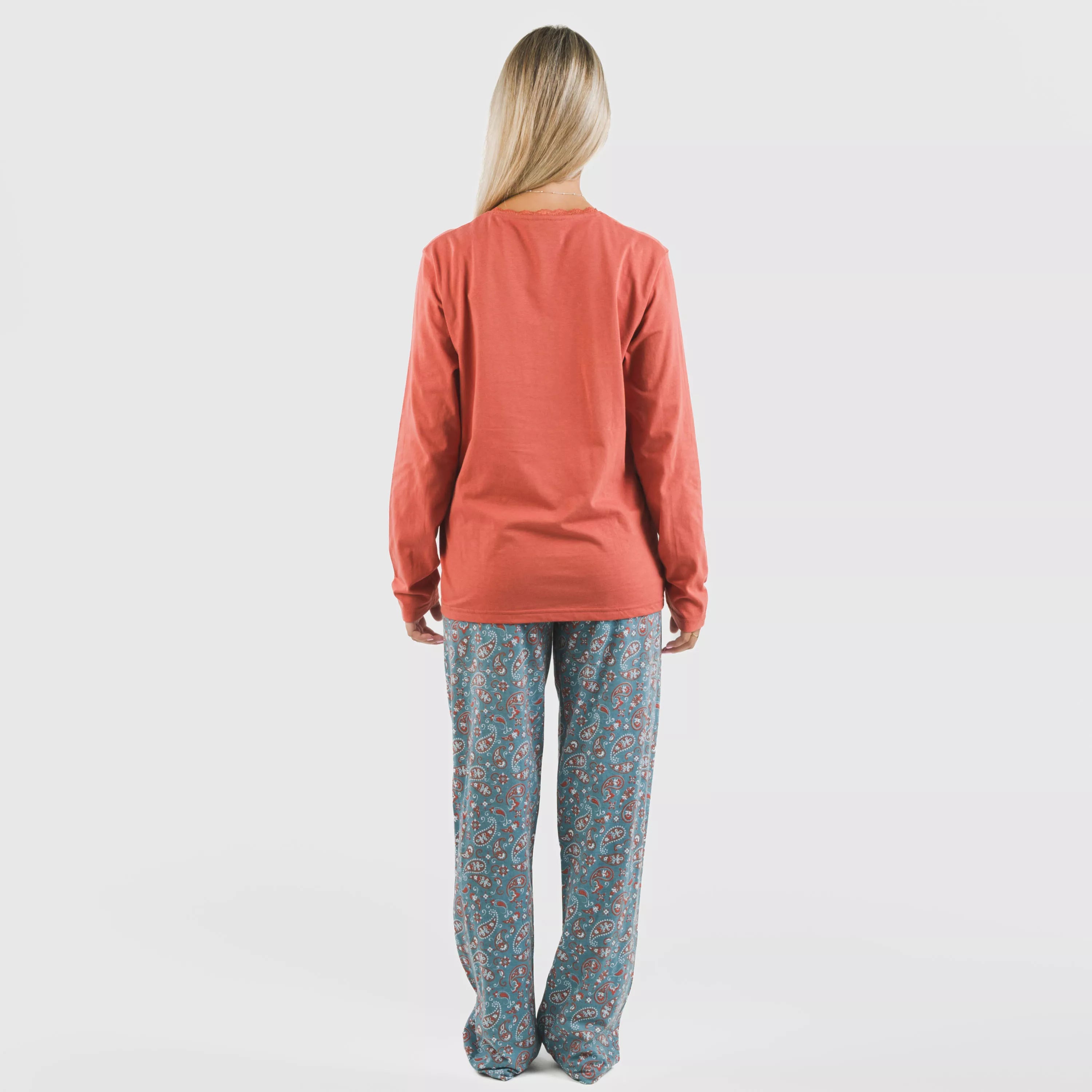 Pijama comprido de algodão, estampa de azulejos campestres