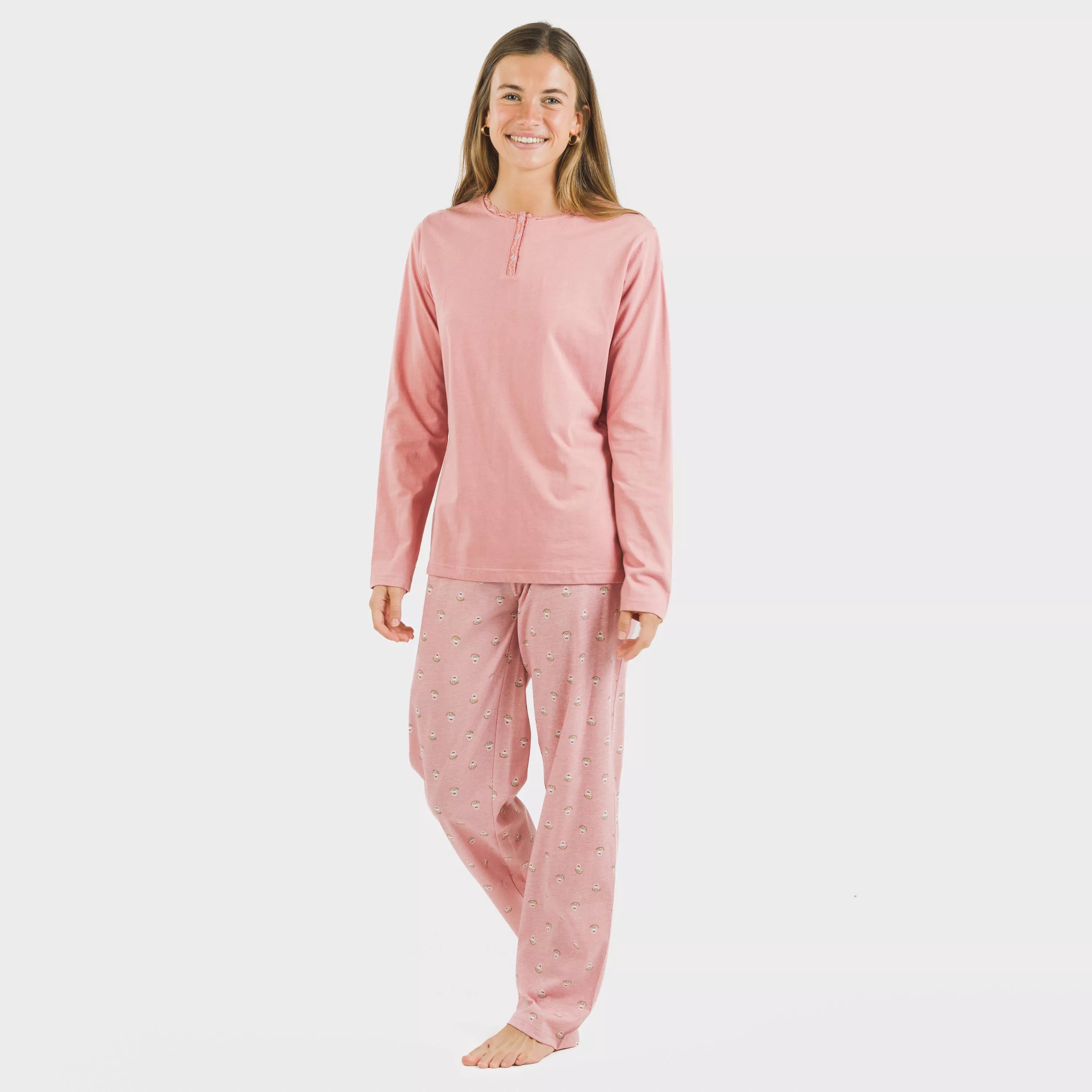 Pijama longo de algodão rosa Santi
