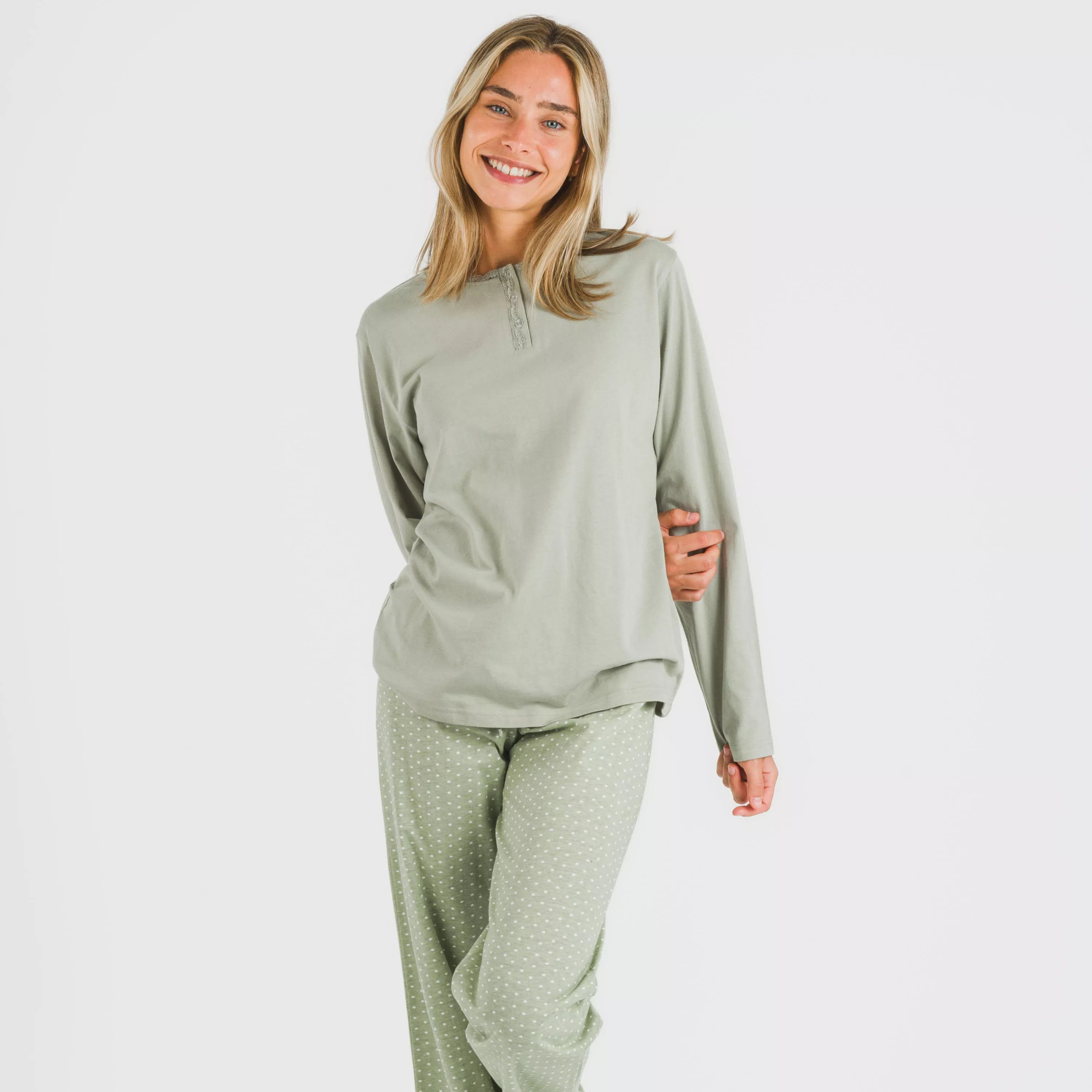 Steve, pijama comprido de algodão verde para caça.