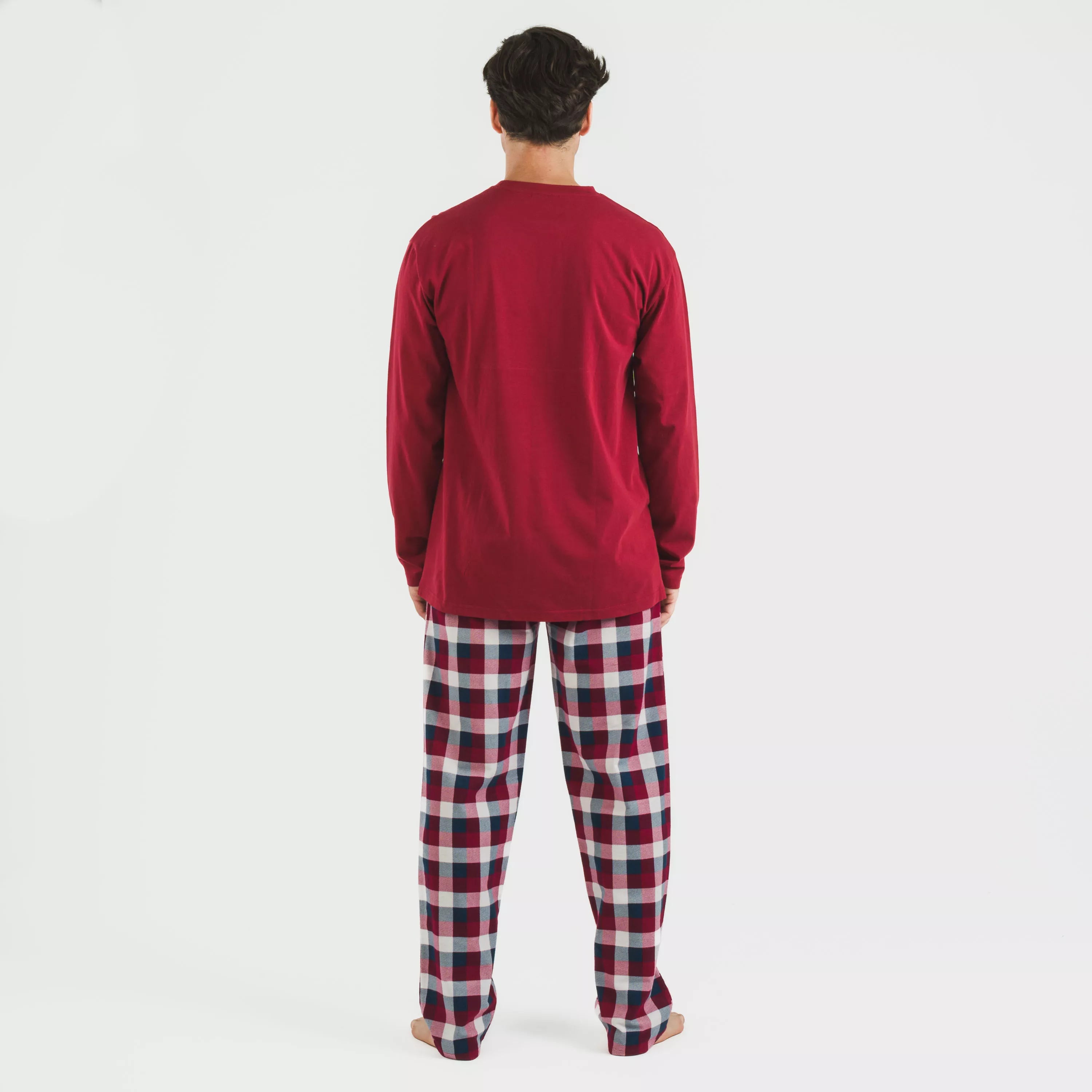 Pijama masculino de flanela, xadrez bordô Ferni