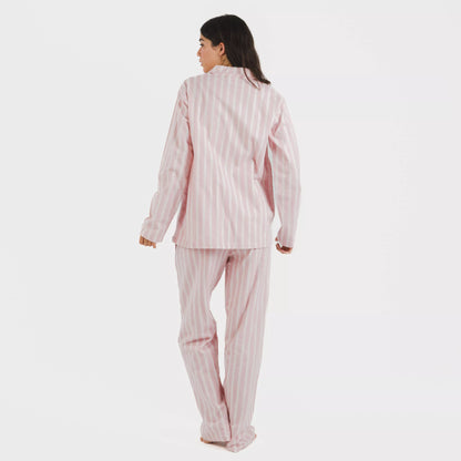 Pijama feminino de flanela com lapela, estampa listrada Marseille rosa.
