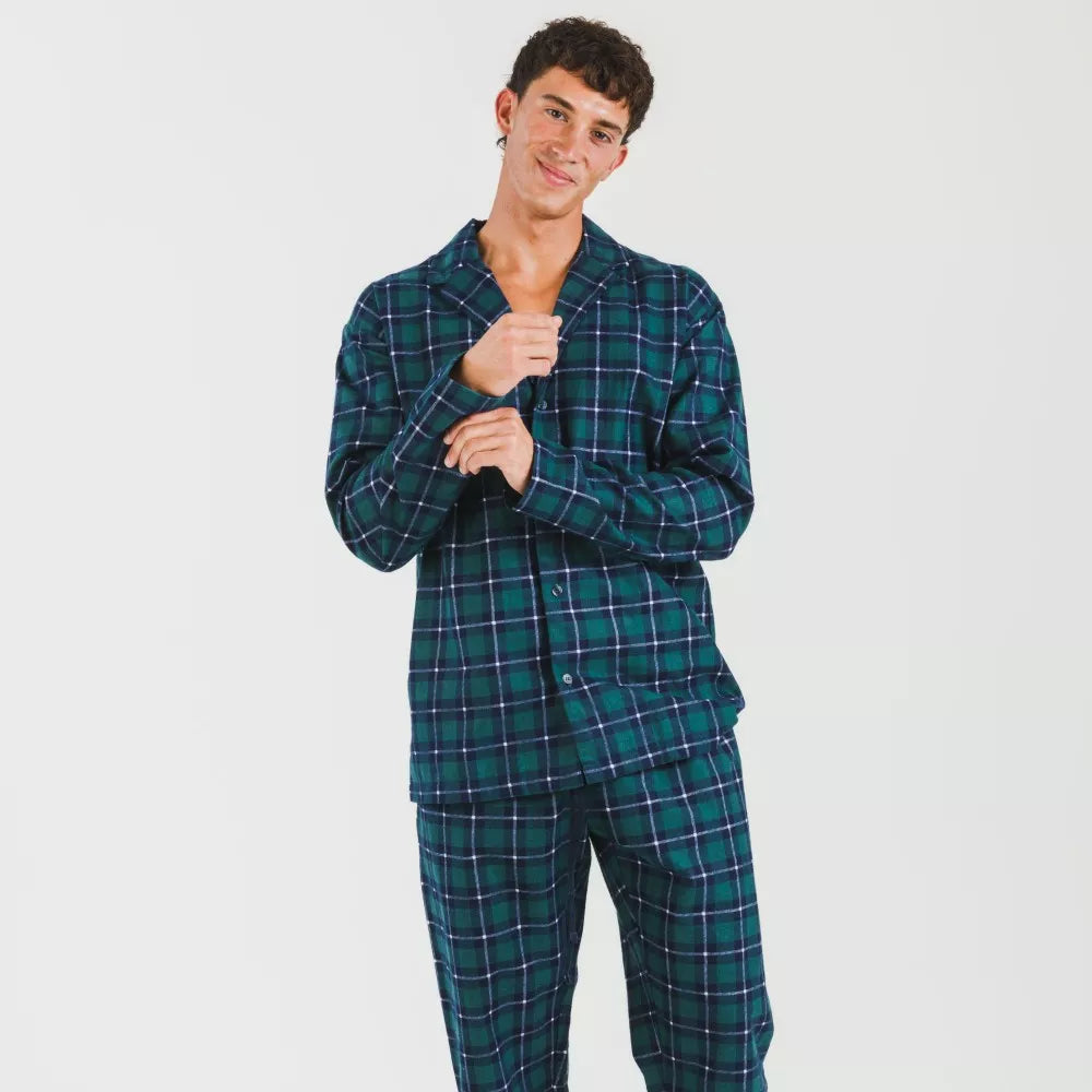 Pijama masculino de flanela com lapela, xadrez verde Ruz.