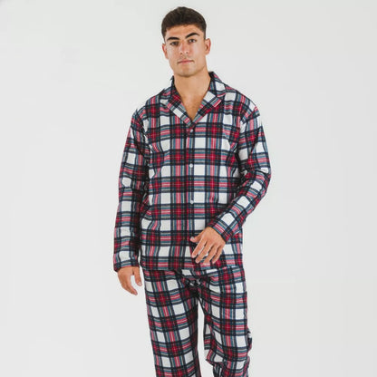 Pijama masculino de flanela com lapela, estampa xadrez Celestia