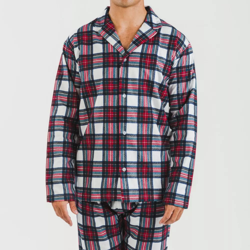 Pijama masculino de flanela com lapela, estampa xadrez Celestia