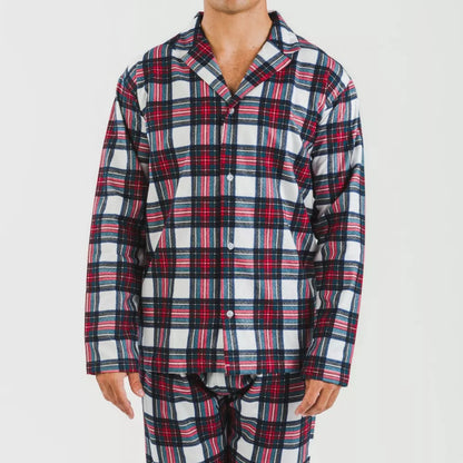Pijama masculino de flanela com lapela, estampa xadrez Celestia