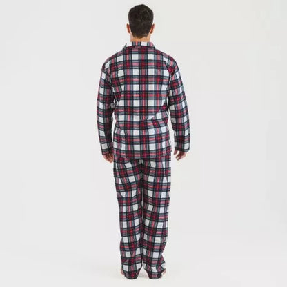 Pijama masculino de flanela com lapela, estampa xadrez Celestia