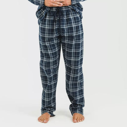 Pijama masculino de flanela com lapela, xadrez azul.