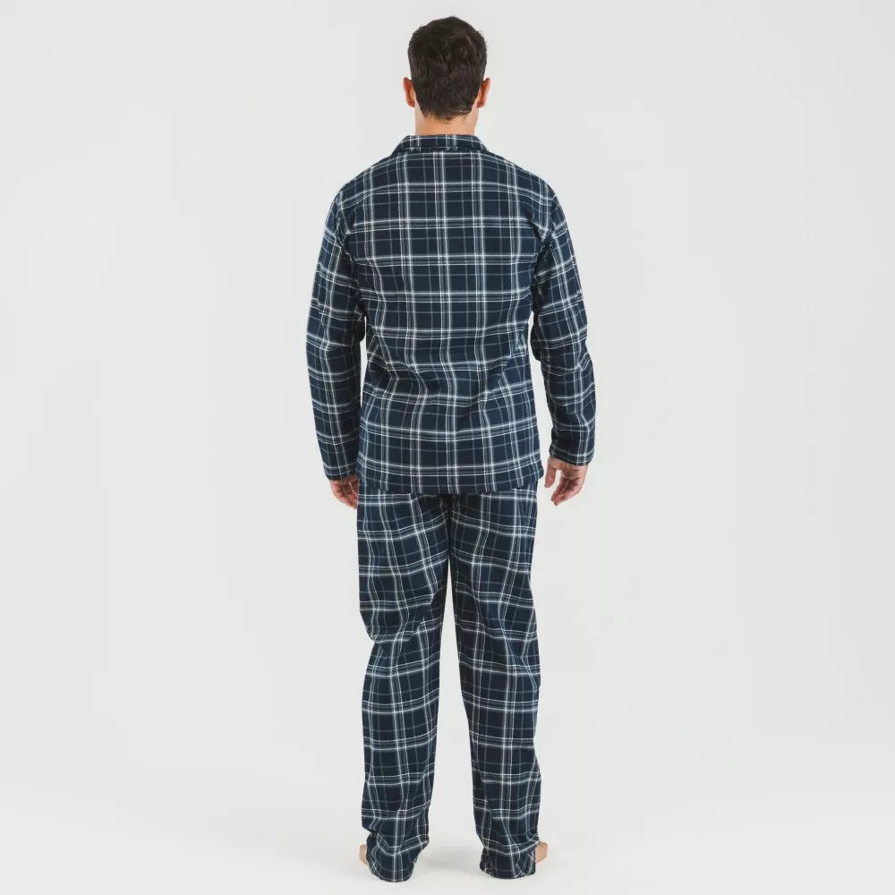 Pijama masculino de flanela com lapela, xadrez azul.