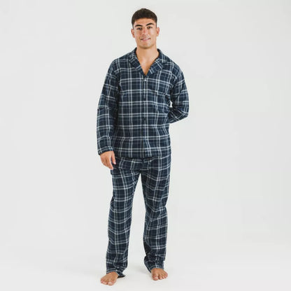Pijama masculino de flanela com lapela, xadrez azul.