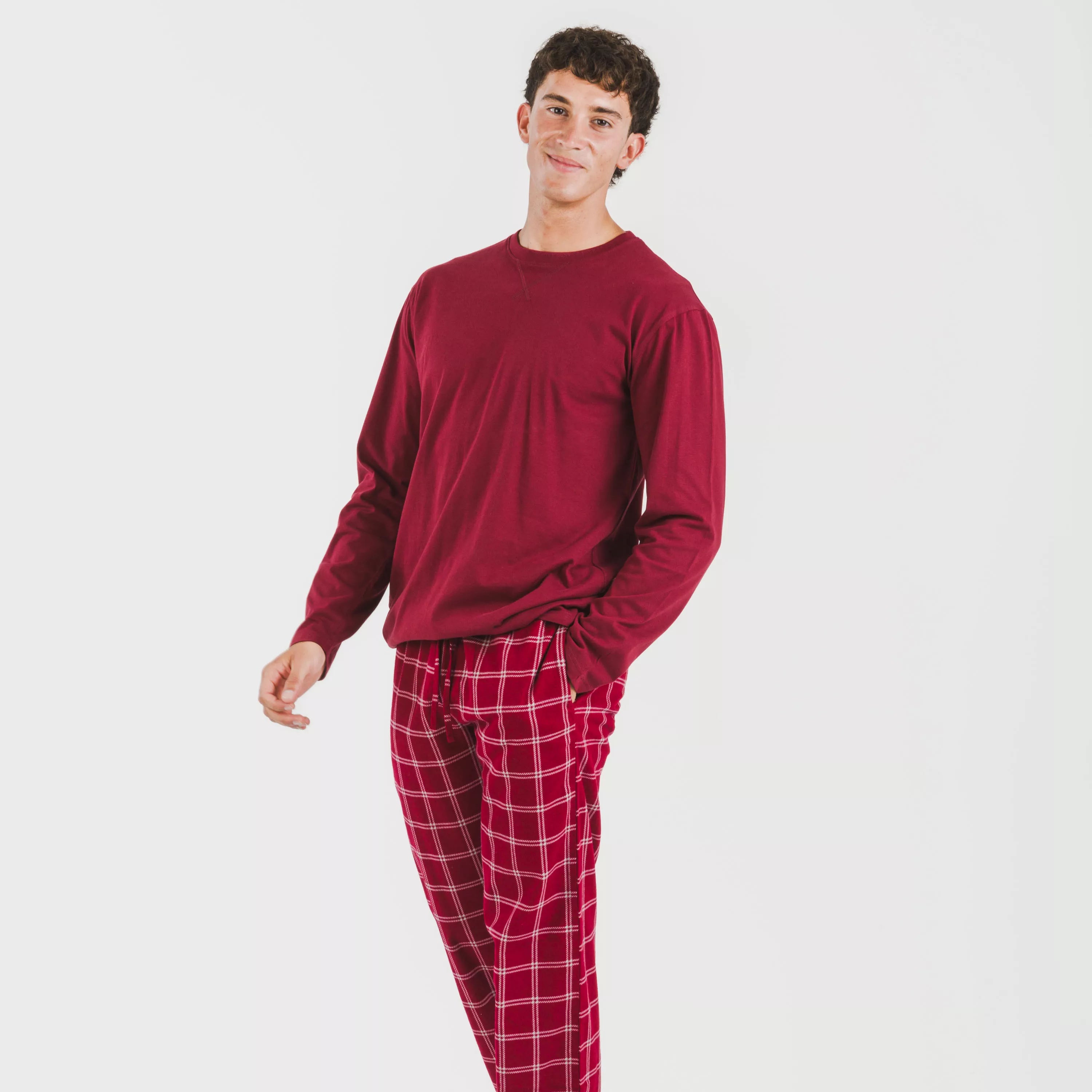 Pijama masculino de flanela, xadrez bordô Nitari