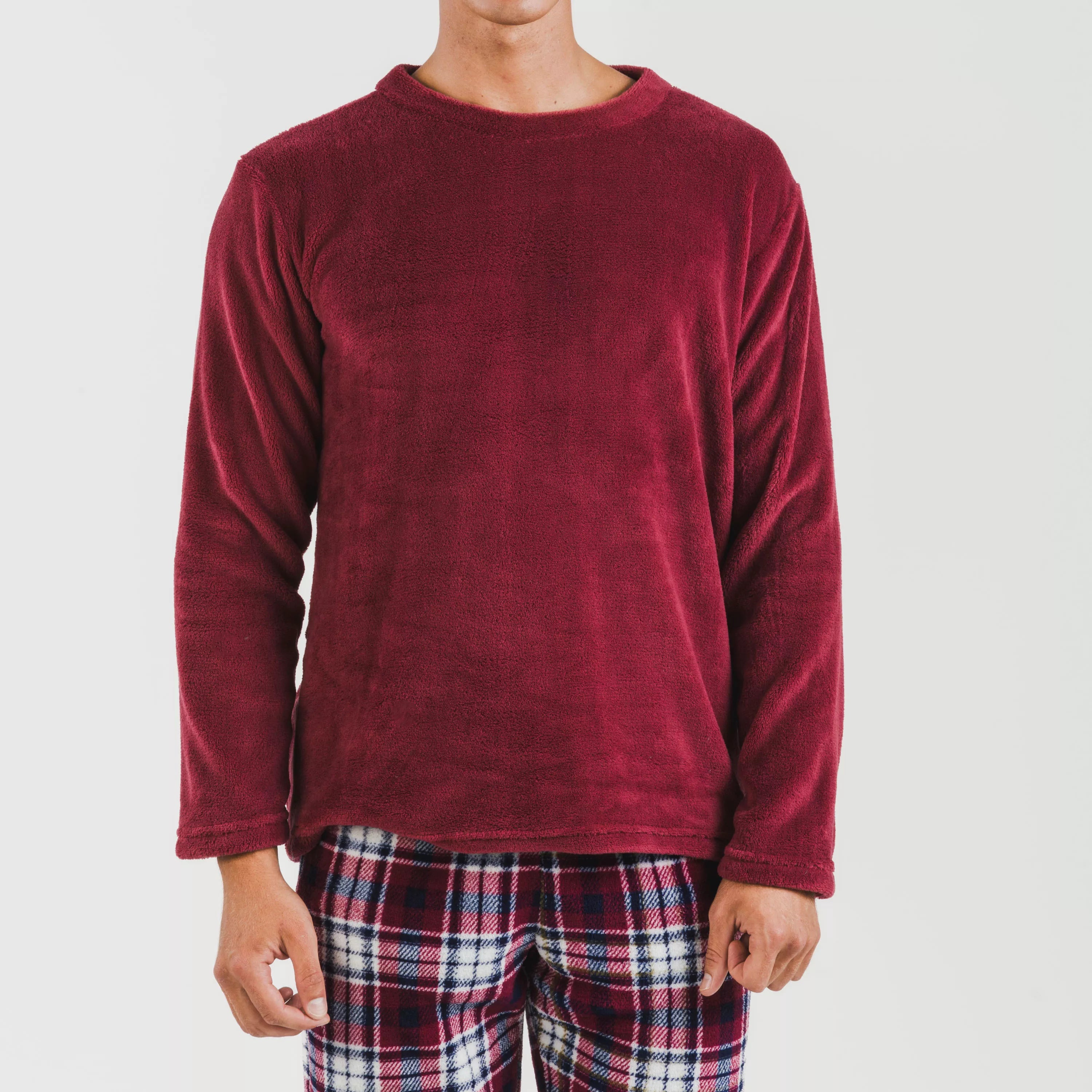 Pijama masculino de lã coral, xadrez bordô Dido