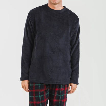 Pijama masculino de lã coral, xadrez romano azul.