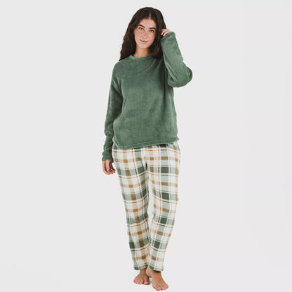 Pijama coral, estampa xadrez verde Noric