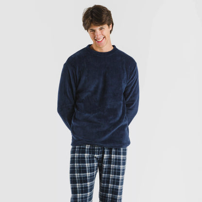 Pijama masculino de lã coral, xadrez Brais azul marinho