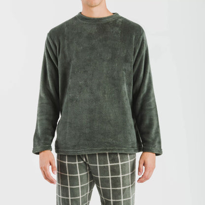 Pijama masculino de lã coral, estampa andina verde, estilo caça.