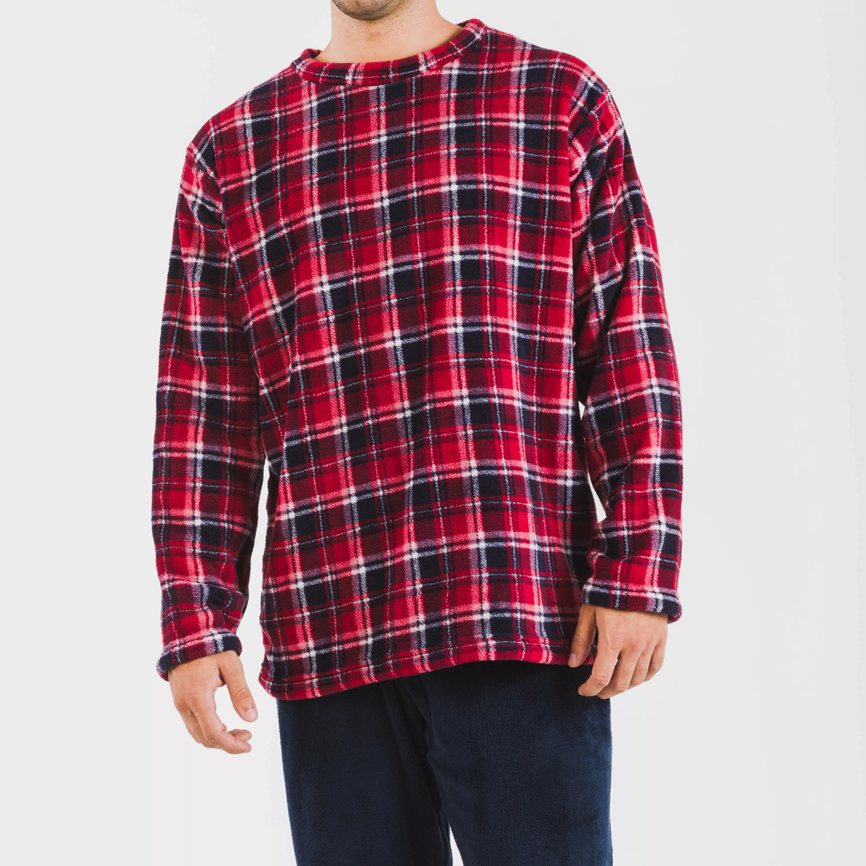 Pijama masculino de lã coral, azul marinho com estampa xadrez Cocoro.