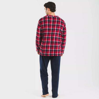 Pijama masculino de lã coral, azul marinho com estampa xadrez Cocoro.