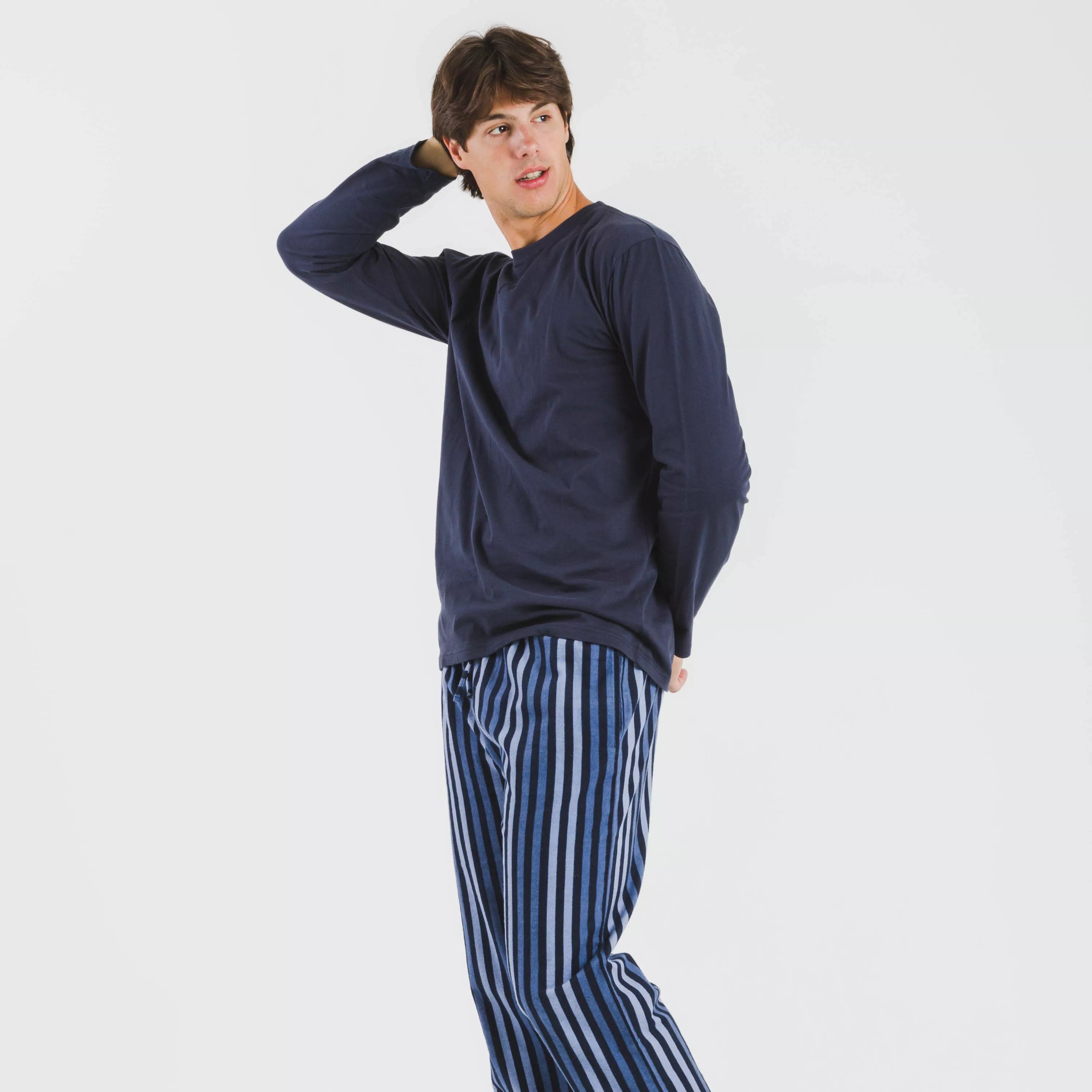 Pijama masculino de flanela, listrado Vinicius, azul