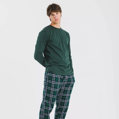 Pijama masculino de flanela, xadrez verde.