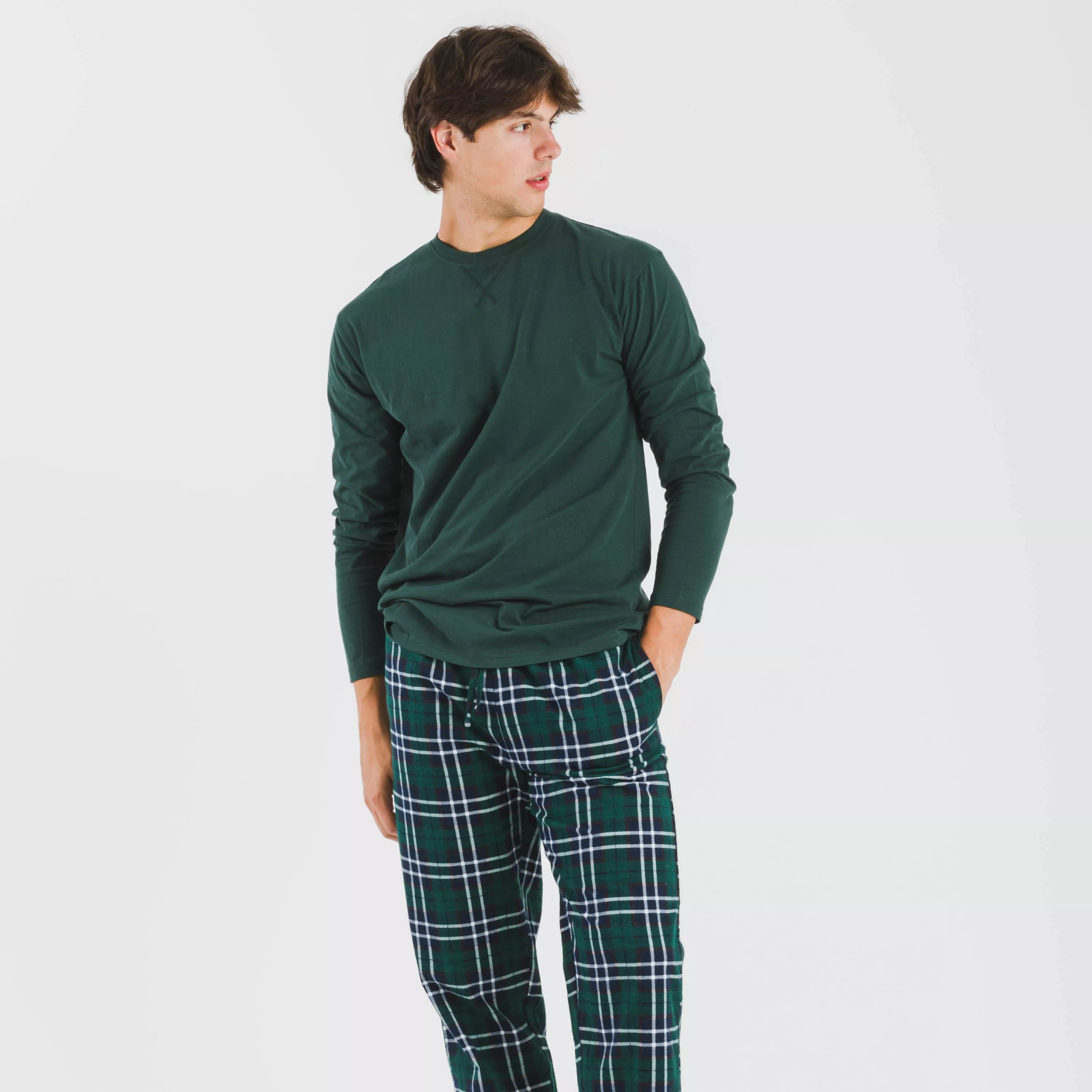 Pijama masculino de flanela, xadrez verde.