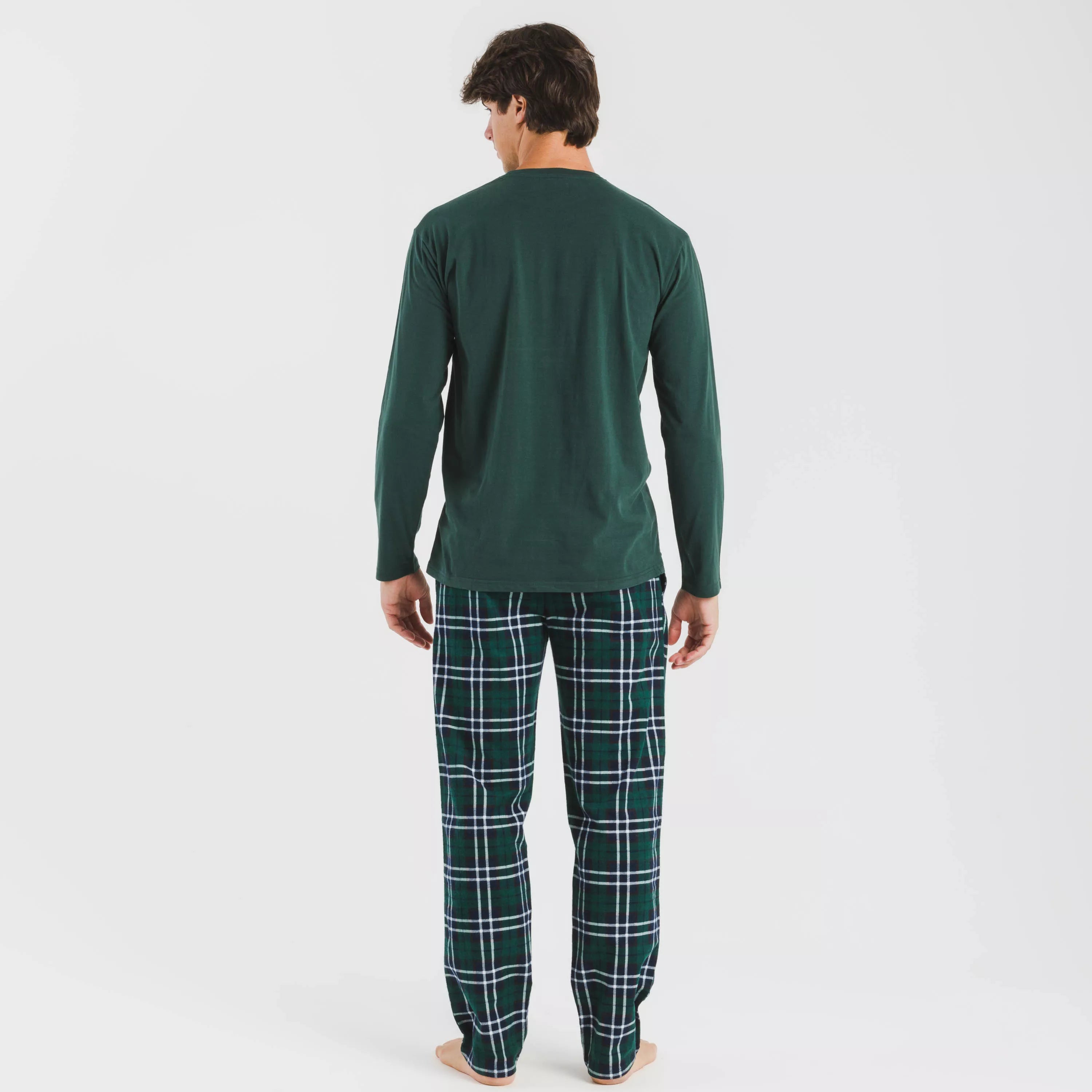 Pijama masculino de flanela, xadrez verde.