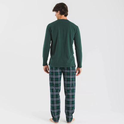 Pijama masculino de flanela, xadrez verde.