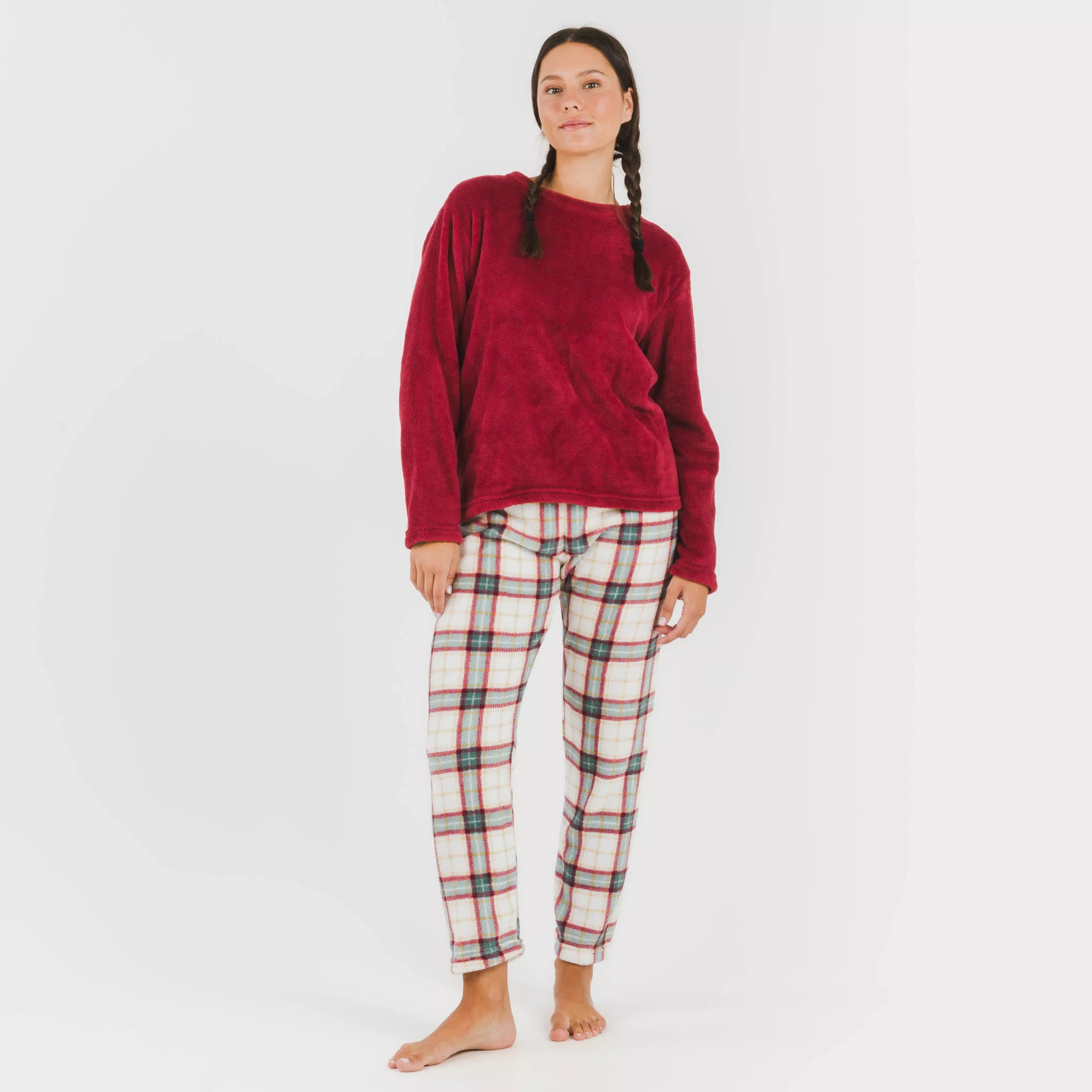 Pijama coral, xadrez Fiorile bordô