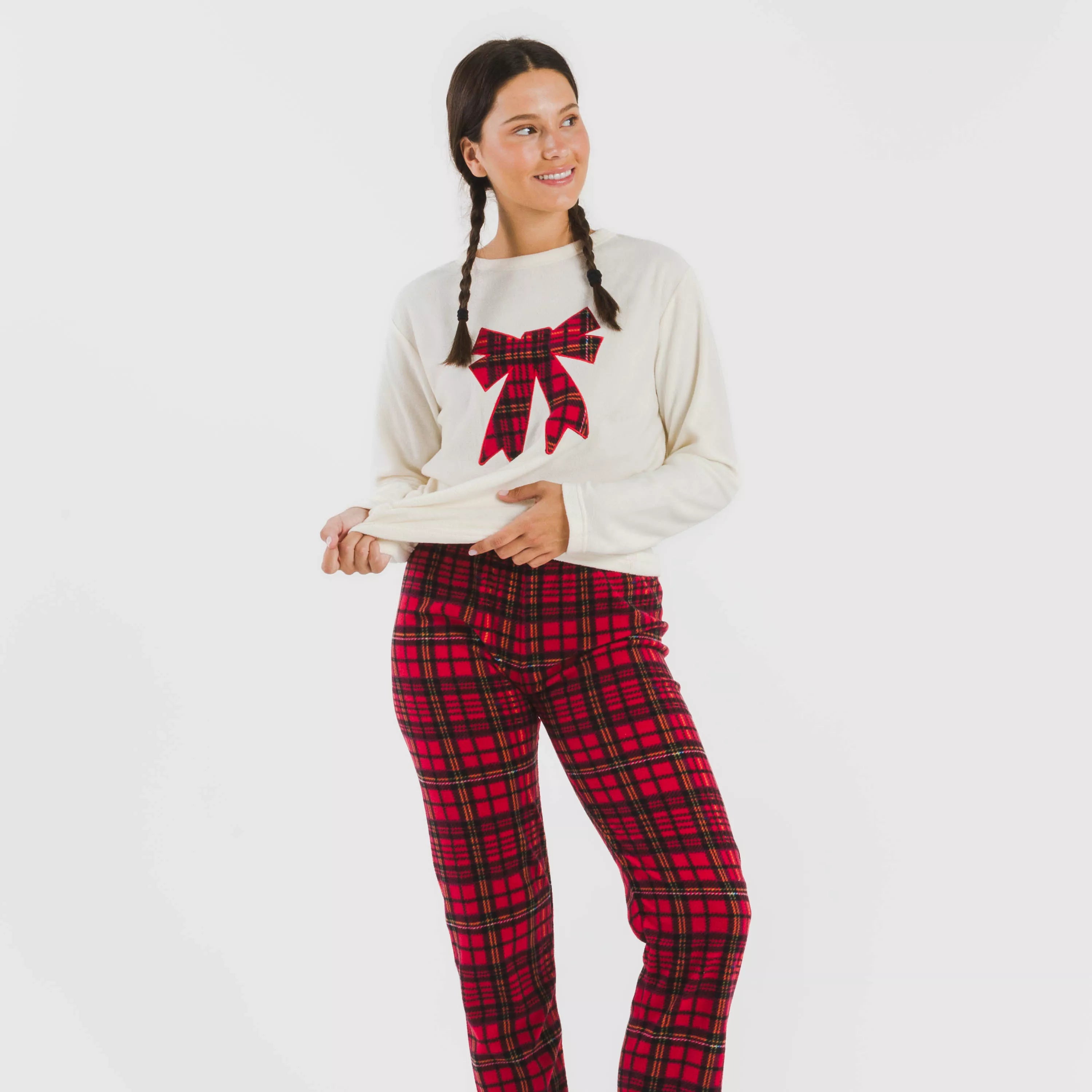 Pijama de lã polar com laço vermelho