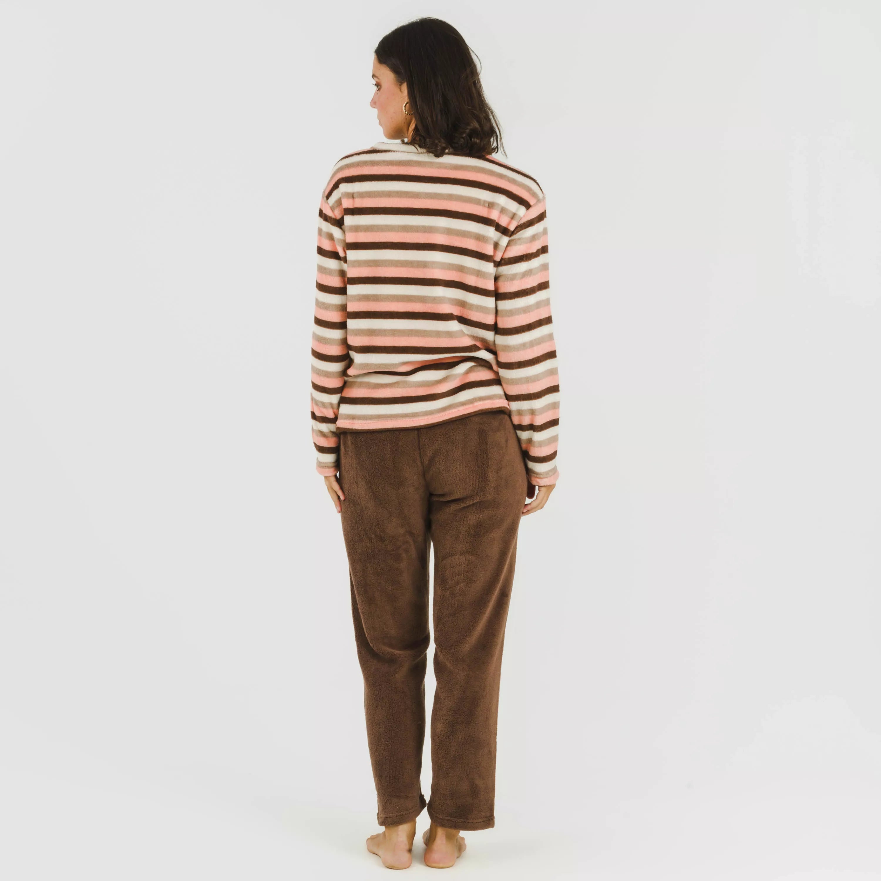 Pijama Norma cor chocolate com listras coral