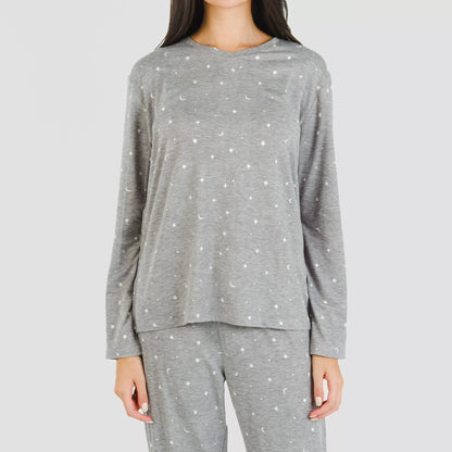 Pijama feminino longo e macio, cor âmbar, cinza e carvão.