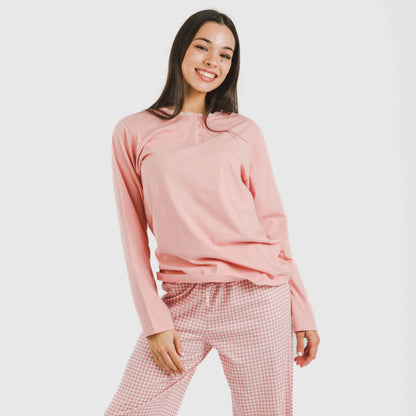 Pijama comprido de algodão, xadrez vichy rosa