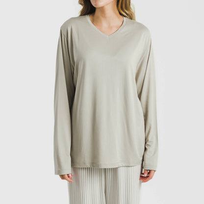 Pijama longo feminino macio Kodac com listras cor areia