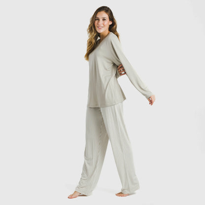 Pijama longo feminino macio Kodac com listras cor areia