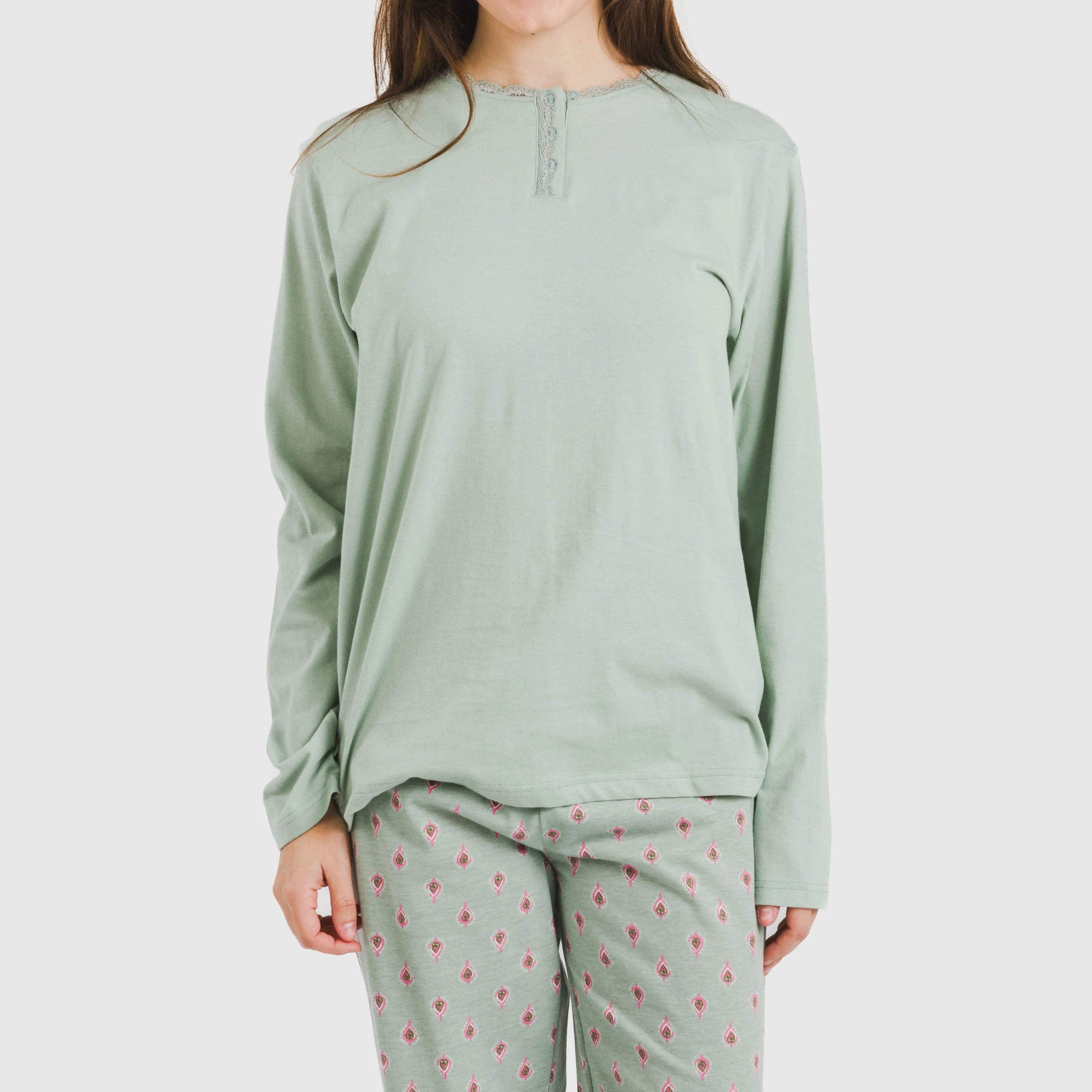 Pijama longo de algodão Alessia, verde Tiffany