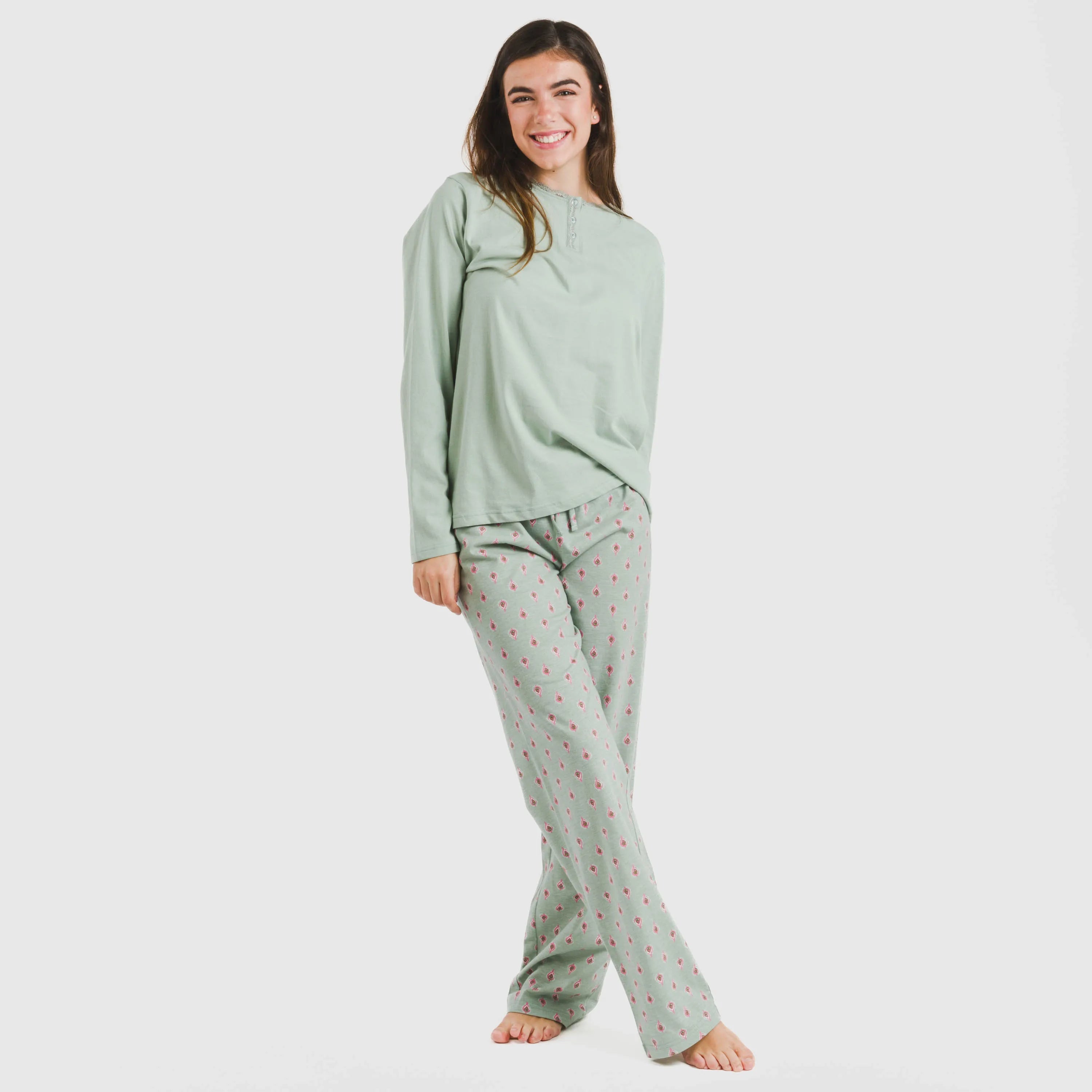Pijama longo de algodão Alessia, verde Tiffany