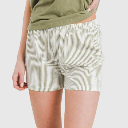 Pijama feminino de algodão com mangas curtas, listras moçárabes verdes.