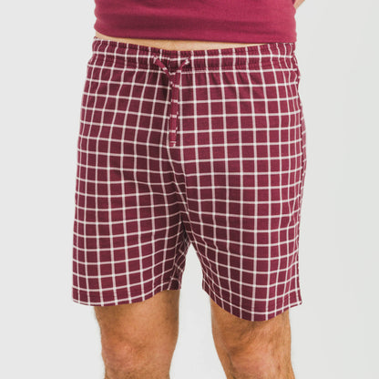 Pijama curto masculino de algodão, xadrez bordô Roberto