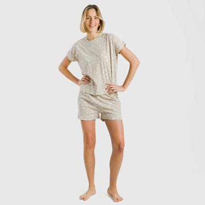 Pijama feminino de algodão com mangas curtas, "Little Star Sand"