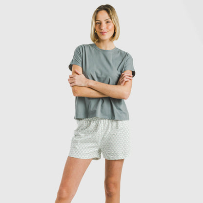 Pijama feminino Xenia de algodão com mangas curtas, cor verde-azulado