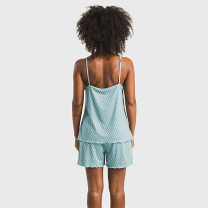 Pijama feminino Walia estilo tipi, macio e na cor azul-turquesa.