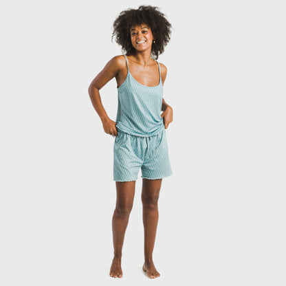 Pijama feminino Walia estilo tipi, macio e na cor azul-turquesa.