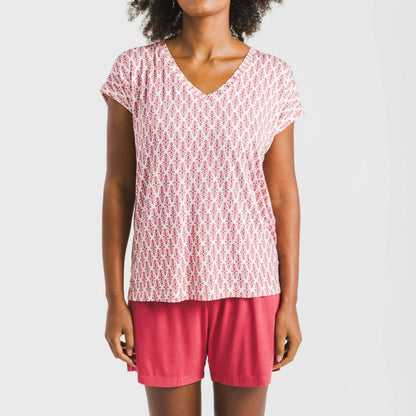 Pijama feminino de viscose de manga curta, estilo sérvio, cor marsala.