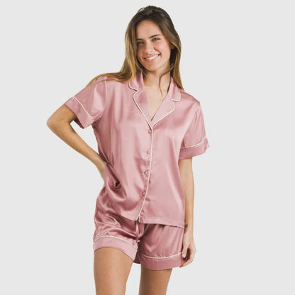 Pijama curto de cetim liso de manga curta para sexta-feira